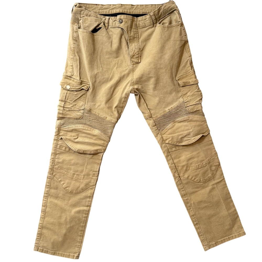 Volero Moto Jeans Tan Khaki Tactical Cargo Pants Ribbed Knee Biker Style